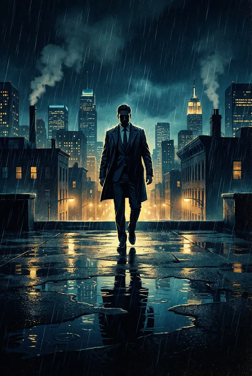 苹果id密码要求 出品影片《雨夜独行者》海报，雨中城市屋顶男性剪影
